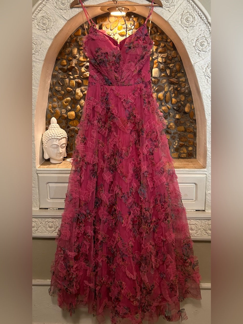 Stacees Pink Floral Ruffle Prom Gown